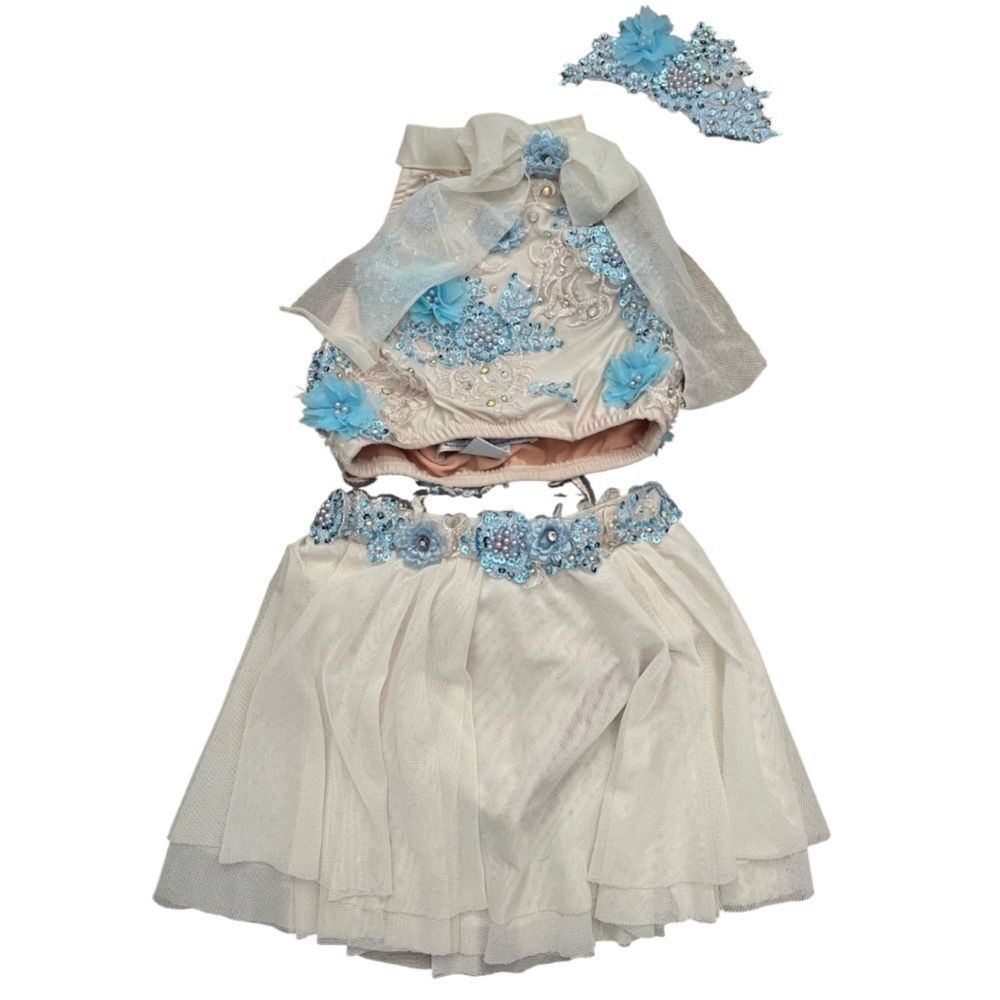 Glamour solo dance costume 2 piece white blue lyrical contemporary MC med child - Picture 3 of 11